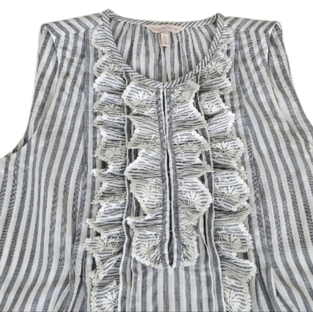Rebecca Taylor Sleevless Gray and White Ruffle Striped Eyelet Bib Blouse - Picture 9 of 11